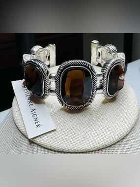 Etienne Aigner Brown Stone Silver-Tone Statement Cuff Bracelet NWT
